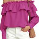 Prettywear Women's Sexy Off Shoulder Tops Long Sleeve Ruffle Blouse Flowy Going Out Shirt Oversized (Medium)