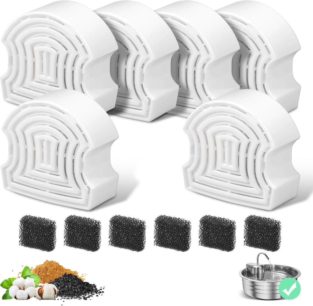 6 Packs Cat Water Fountain Filters for 4L/135OZ Stainless Steel Pet Fountain, Multi-Filtration System Activated Carbon Replacement Filter and Sponges for Automatic Dog Dispenser Drinking Bowl 6 Packs Cat Water Fountain Filters for 4L/135OZ Stainless Steel Pet Fountain, Multi-Filtration System Activated Carbon Replacement Filter and Sponges for Automatic Dog Dispenser Drinking Bowl