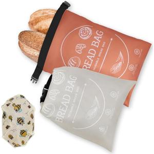 Bread Bags for Homemade with Beeswax Wrap - Zipper Reusable Bread Bag for Sourdough 2-Pack, Reusable Food Storage Bag to Keep Sourdough Fresh, Freezer-Safe, Eco-Friendly (Orange&Grey) (Large)