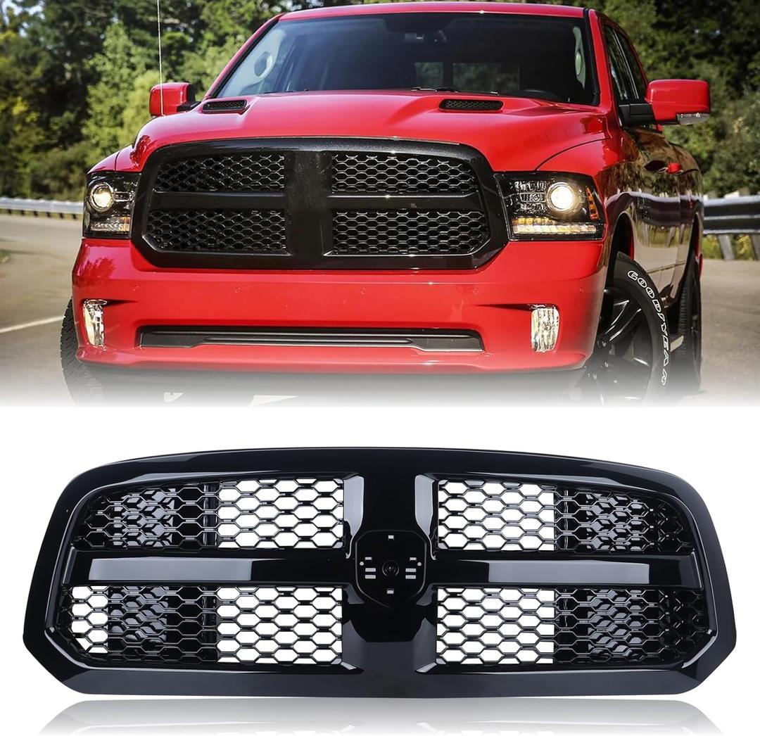 Glossy Black Mesh Grille Compatible with 2013-2018 Dodge Ram 1500 Front Bumper Upper Grille Grill Replacement CH1200368 68093446AC