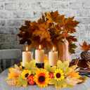 Thanksgiving Dining Table Centerpiece with 3 Wick Candle Holders Fall Candelabra Centerpiece Harvest Autumn Fall Decorations Holiday Candleabrum Decorated with Sunflower Blooms Pumpkin Maple Leaves