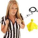 3 Pcs Women's Official Black & White Stripe Referee Shirt Zipper Collared V-Neck Referee Jersey ,Ref Whistle ,Yellow Penalty Flag for Basketball Football Soccer Refs Christmas Waitresses & Costume Size S