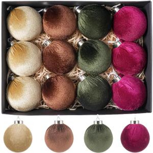 12 Pcs Velvet Christmas Ornaments Set - Burgundy Green Coffee Brown Large Shatterproof Christmas Tree Decorations, 3.15 Inch Multicolor Velvet Balls for Xmas Tree, Home, and Party Decor