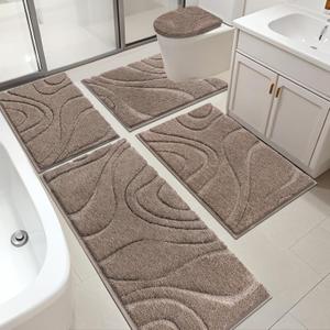 HEBE Bathroom Rugs Sets 5 Piece, Soft Absorbent Microfiber Bath Mat for Bathroom, Non Slip Washable Bath Rug Set with Toilet Cover, Bath Runner and U-Shaped Contour Toilet Rug, Coffee (18"x26"+20"x32"+20"x48"+U20"x24"+Cover19"x21", Brown)