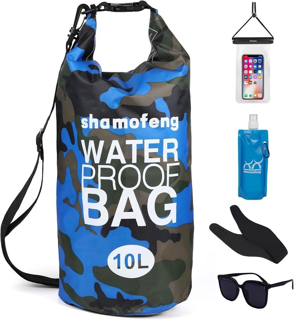 Waterproof Dry Bag 5L/10L/15L/20L/30L Roll Top Dry Storage Backpack with Phone Case, Collapsible Water Bottle, Sunglasses, Ear Band for Kayaking Boating Swimming Fishing Camping, Blue 30L