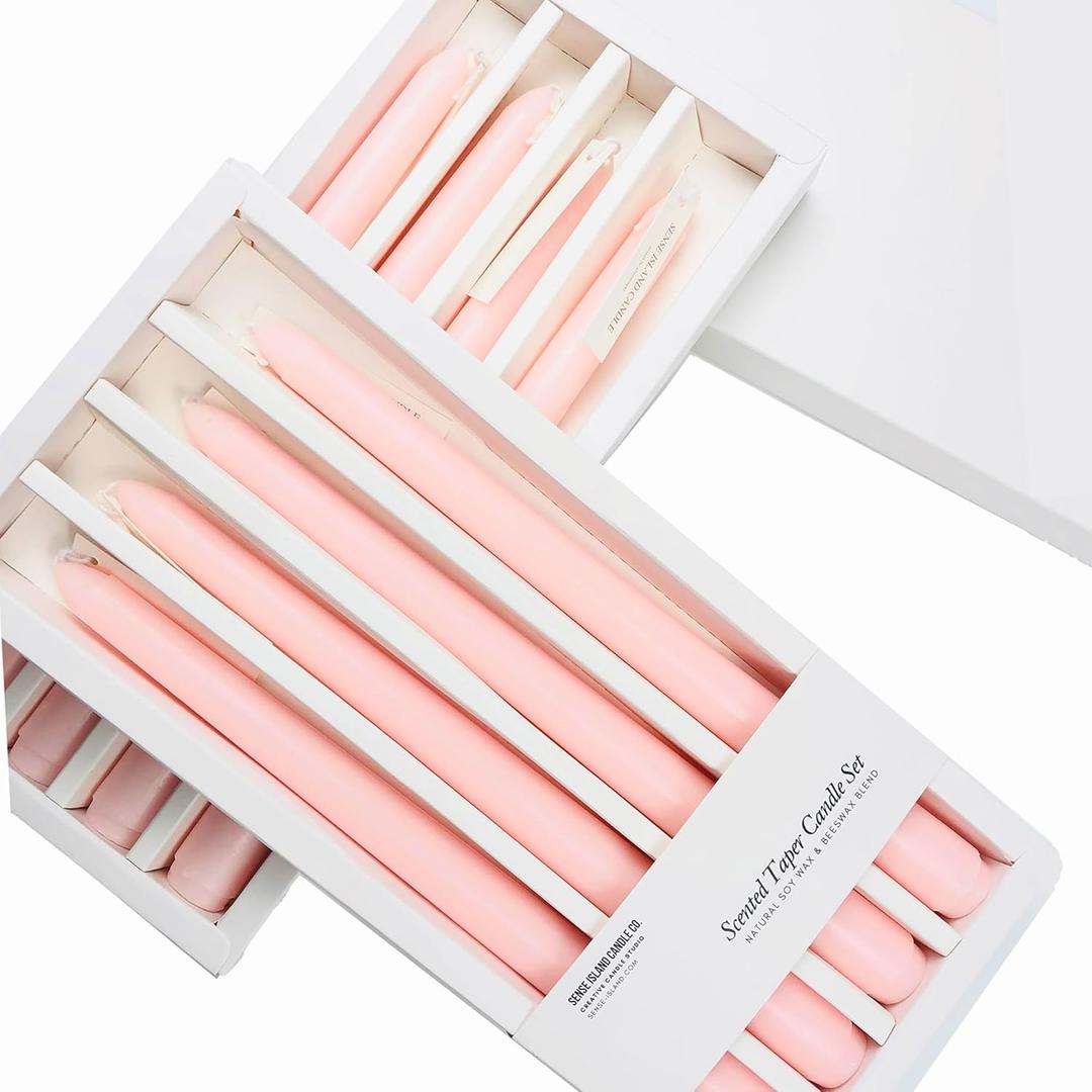 Baby Pink Blush Taper Candles 10'' Non Toxic Candle Sticks Set of 8 | Rose Scented Natural Soy Wax Candlesticks for Home Decorations, Tapered Candles for Wedding House Warming Gifts