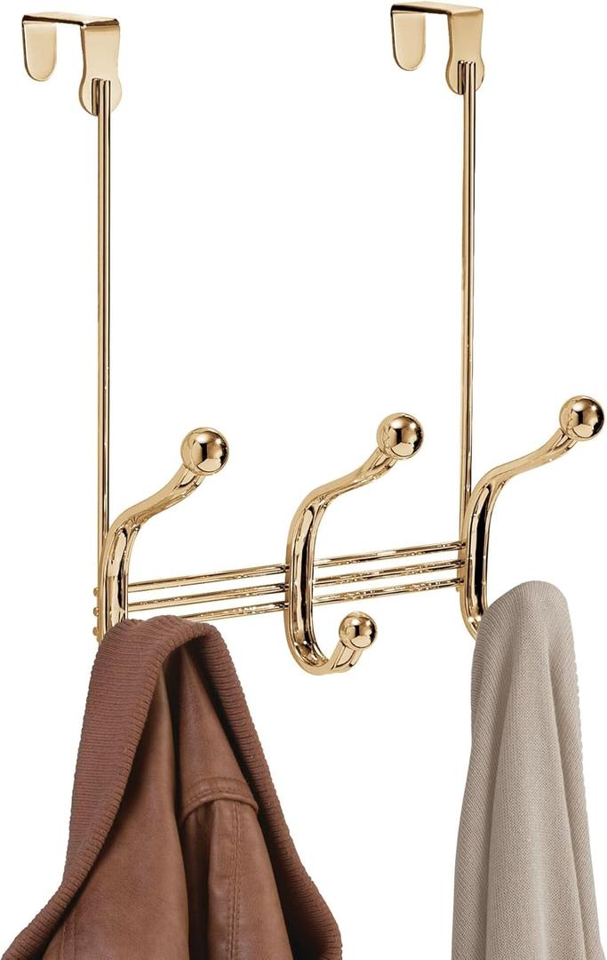 iDesign 3-Double Hook Over-The-Door Rack for Clothes, Towels, or Accessories - Soft Brass