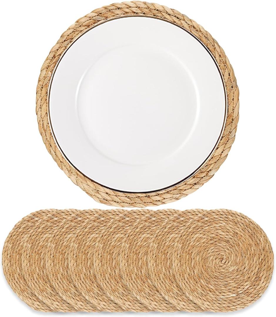 Round Woven Placemats - Boho Rattan Placemats Natural Water Hyacinth Placemat, Farmhouse Weave Place Mats, Rustic Braided Wicker Table Mats for Dining Table, Home, Wedding (12 inch Set of 8)