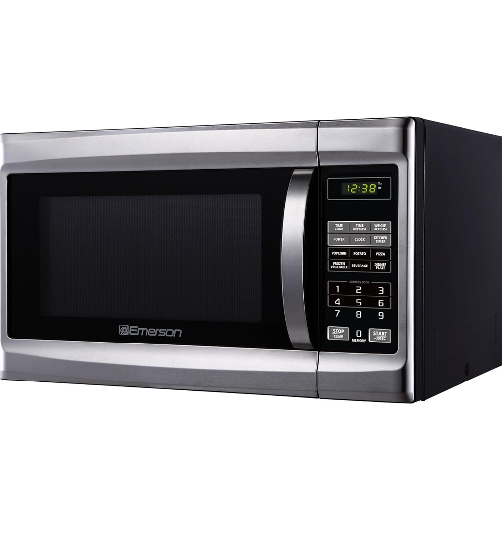 Emerson MW1338SB Countertop Microwave Oven, 6 Pre-Programmed Settings, Removable Glass Turntable, Child Safety Lock, 1.3 Cu ft, 1000W, Stainless Steel