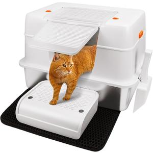 Vivifying Stainless Steel Litter Box with Lid, XL Side Entry Extra Large Litter Box for Big Cats & Kitty, Removable Enclosed Metal Cat Pan with High Sided Enclosure, Scoop, Mat, Footboard (Beige)