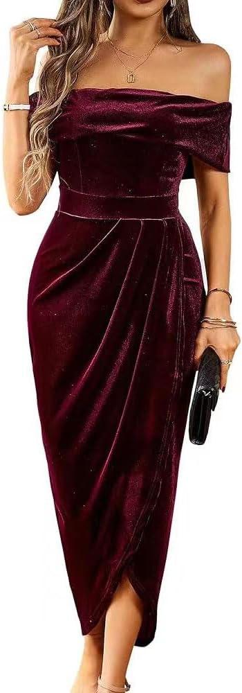 Off The Shoulder Vintage Velvet Bodycon Midi Dress for Women Wrap Slit Elegant Cocktail Party Evening Pencil Dress (Large, Burgundy)