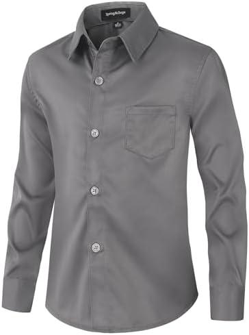 Spring&Gege Boys Dress Shirt Sateen Long Sleeve Wrinkle-Free Solid Formal Wedding Button Down Shirts 14 Grey