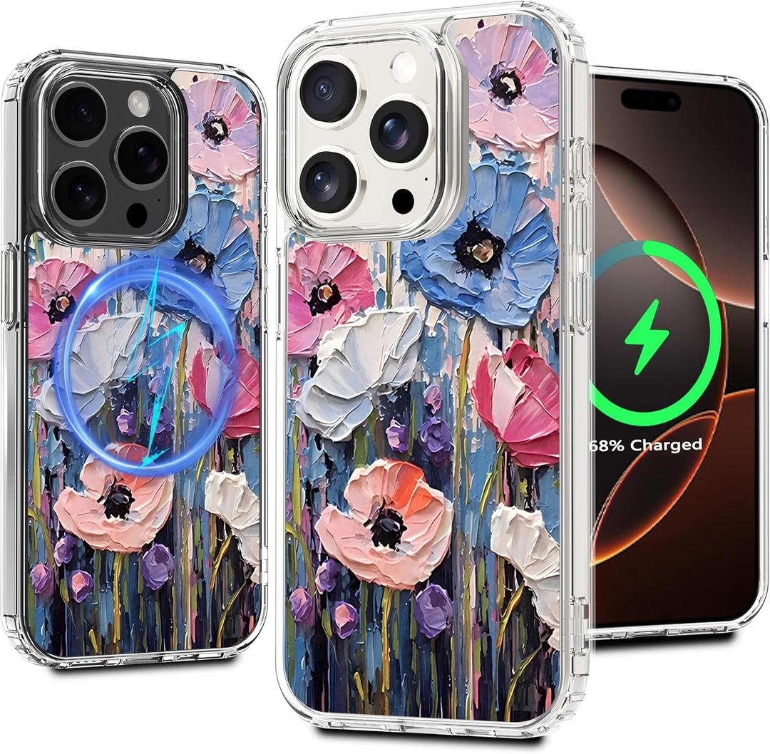 Magnetic Clear Case for iPhone 16 Pro Max, Floral Printing Pattern Design for Women Girls Shockproof Flower Protective Bumper Non-Yellow MagSafe Case, 6.9 (Pic 10)