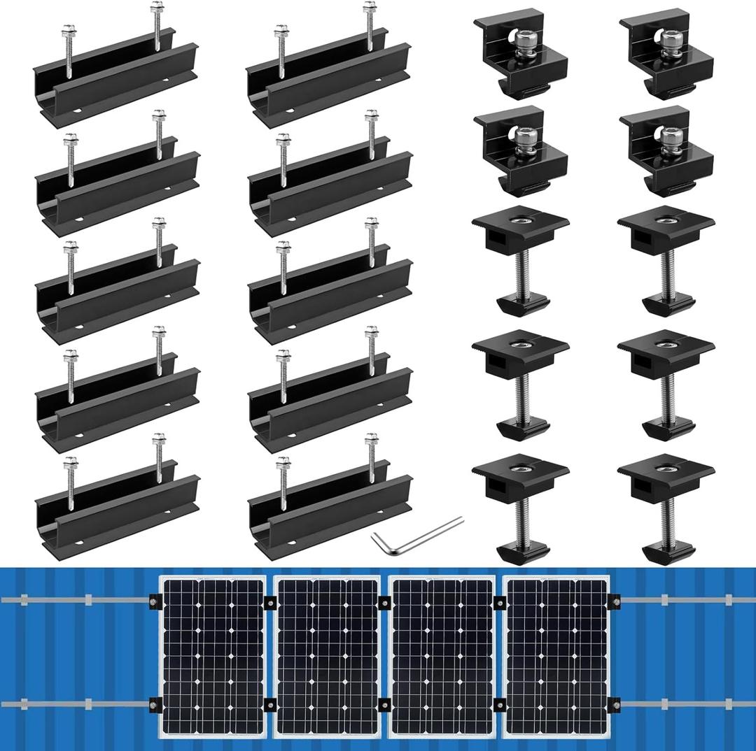 Anbte Solar Panel Mounting Brackets, Included 10 x 4.72 in Rails + 4 end Clamps + 6 Center Clamps + 1 Wrench, Aluminum Solar Mounting Kit for 4 Panels, Waterproof, for Roof, RV, Boat, Black