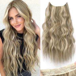 KooKaStyle Invisible Wire Hair Extensions with Transparent Headband Adjustable Size 4 Secure Clips Long Wavy Secret Wire Hairpiece 9H60A#Ash Brown/Platinum Blonde 20 Inch for Women