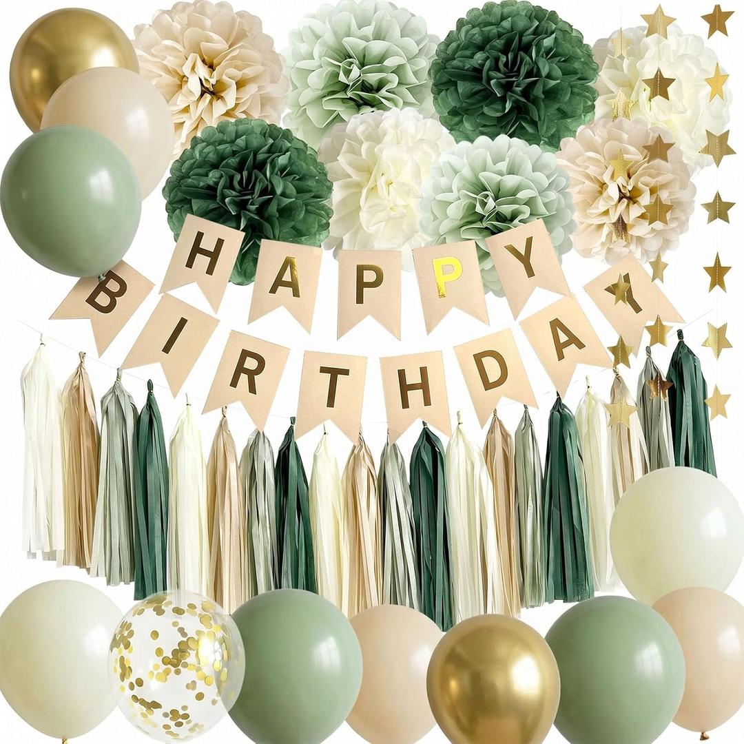 ANSOMO Sage Green Happy Birthday Party Decorations Retro Green Nude Ivory Dark Olive Kraft Paper Banner Balloons Neutral Rustic Boho Blush Safari Botanical Greenery Wild Dcor Supplies Women Adults