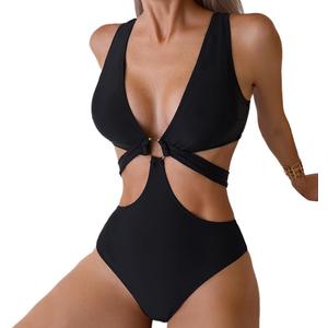 Women's Deep V Neck One Piece Swimsuit O-Ring Swimwear Sexy Cut Out Bathing Suit (Medium, Black)