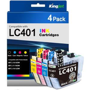 Kingjet LC401 Ink Cartridges Replacement for Brother LC401 Ink Cartridges Compatible with MFC-J1010DW MFC-J1170DW MFC-J1012DW, 4PK (Black/Cyan/Magenta/Yellow)