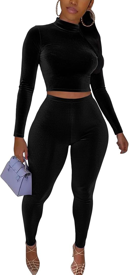 CLOCOR 2 Piece Outfits for Women Bodycon Long Sleeve High Neck Tracksuit Lounge Velour Legging Pants Jogger Set (Large, Black)