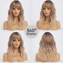 simkaylee Wavy Long Ombre Blonde Wigs with Bangs for Women Medium Middle Length Blond Wig Synthetic with Water Wave Fringe Womens Heat Resistant Hair Wig for Daily Party Use (16inch)
