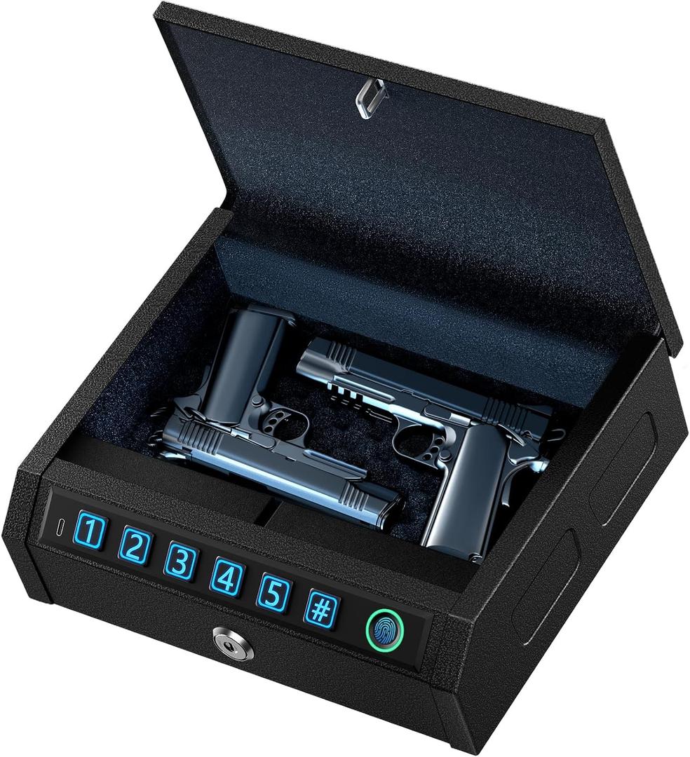 Biometric Gun Safe for Handgun,1s Quick Access 3-Ways Unlock Fingerprint Digital Pin Key Unlock Pistol Safe with LED Light Carbon Steel Gun Safes Lock Box for Car Travel Security Case,Black