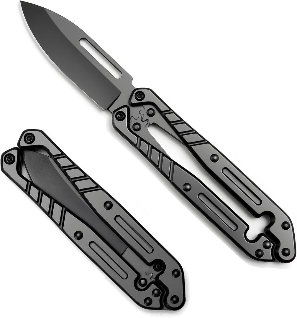 Automatic Utility Knife,All Metal Construction Carbon Stainless Steel Blade,Quick Change Retractable Box Cutter,3.1" Blade Small EDC Knife,Great Gift for Men Black