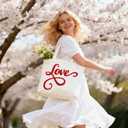 Sadnyy Valentines Day Canvas Tote Bag Embroidery Reusable Valentines Bag Basket Love Heart Gift Bags Cotton Tote with Handles for Wedding Grocery Shopping DIY Craft Valentine's Day Favor