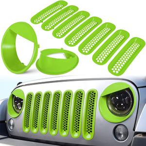 E-cowlboy Front Grille Mesh Inserts & Headlight Cover for 2007-2017 Jeep Wrangler JK JKU Unlimited Sport Rubicon Sahara Clip-in Grille Cover Guard Angry Bird Headlight Bezels Trim (Matte Green)