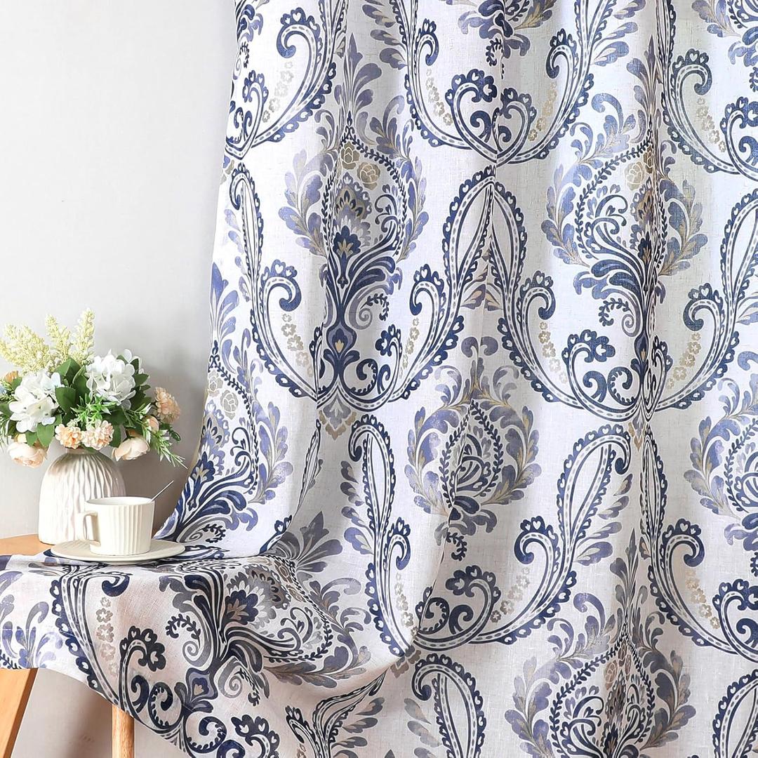 H.VERSAILTEX Linen Curtains Damask Floral Natural Linen Textured Curtains for Living Room 84 Inch Length Drapes Vintage Floral Pattern Privacy Added Light Filtering Mid-Century Style 2 Panels, Navy