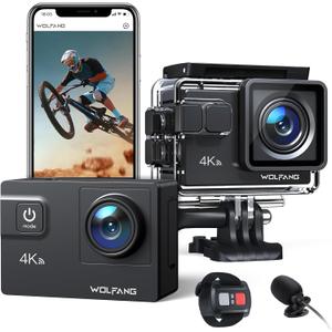 WOLFANG GA300 4K60FPS Action Camera 24MP Waterproof 40M Underwater Camera EIS Stabilization WiFi Wide Angle Helmet Camera with External Microphone, Remote Control, 2x1350mAh Batteries, Accessory Kit