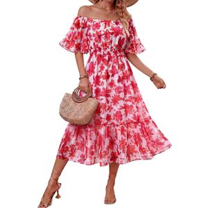 Women's Summer Boho Off Shoulder Midi Dress Ruffle Sleeve Smocked Elastic Waist Flowy Dresses (L)