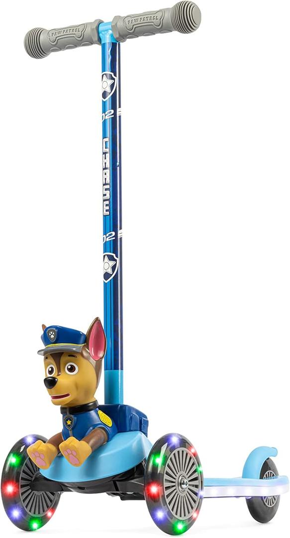 Paw Patrol Chase Kick Scooter for Kids, Self-Balancing 3 Wheeled Light Up Scooter with Extra Wide Anti-Slip Deck, Rear Brake, Lean to Steer, Lightweight Design, for Kids 3 and up, 75 LB Limit