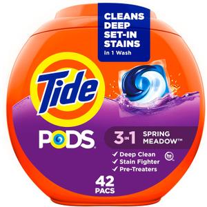 Tide PODS laundry detergent pacs, 3-in-1 Stain Remover, Odor Fighter, Color Protector, 42 Count, HE compatible, Spring Meadow Scent