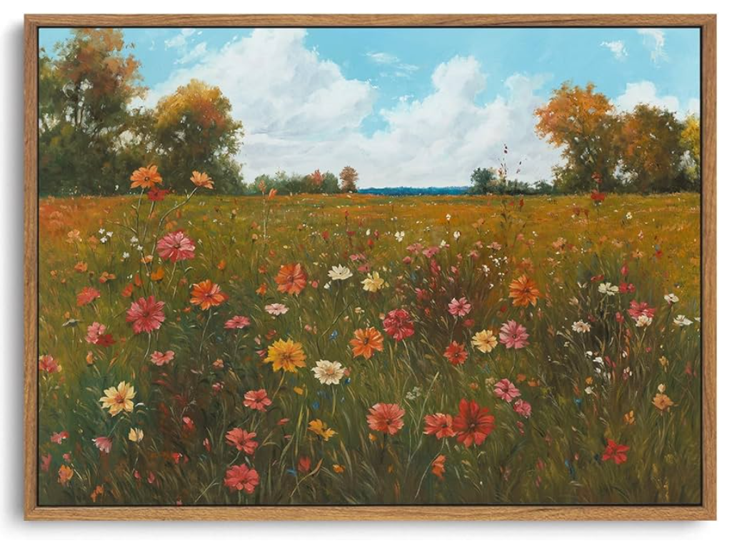 OIQArtOIQ Vintage Landscape Framed Wall Art Fall Countryside Colorful Wildflower Field Canvas Art Prints Farmhouse Cottagecore Pictures Wall Decor Rustic Meadow Paintings Artwork For Kitchen Bedroom 24x36 in