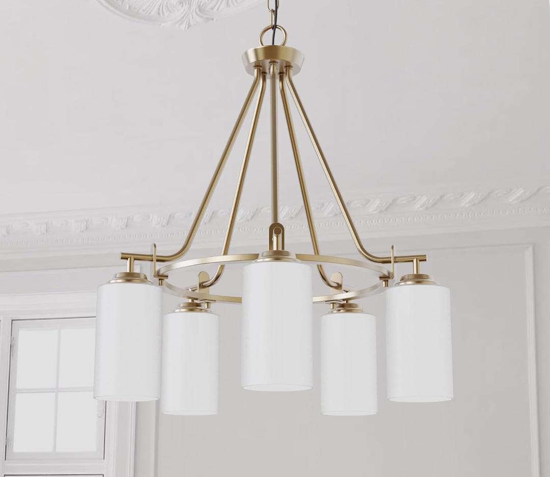 Eury 5-Light Chandelier Pendant Ceiling Light Fixture Modern Gold Etched Glass Shade Adjustable Height for Hallway, Entryway, Passway, Dining, Bedroom, Kitchen, Balcony Living Room