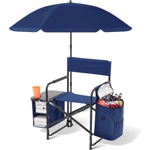Karenhi Camping Director Chair with Umbrella for Adults, Folding Beach Chair with Side Table and Cooler Pouch, Portable Outdoor Seat with Canopy Shade, Camp Lawn Picnic Fishing Beach BBQ
