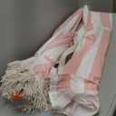 6.5ft Boho Beach Umbrella with Fringe, UPF 50+ Tassel Umbrellas with Carry Bag, Premium Wood Pole Foldable Patio Umbrella for Outdoor Holiday Garden Lawn Pool Yard Table (Pink Stripe)