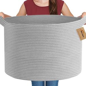 Extra Large Grey Storage Basket, 22" X 22" X 14" XXXL Blanket Basket for Living Room, Gray Wicker Woven Cotton Rope Baskets for Storage, Kids Toy Baskets Bins, Decorative Pillow Towel Basket