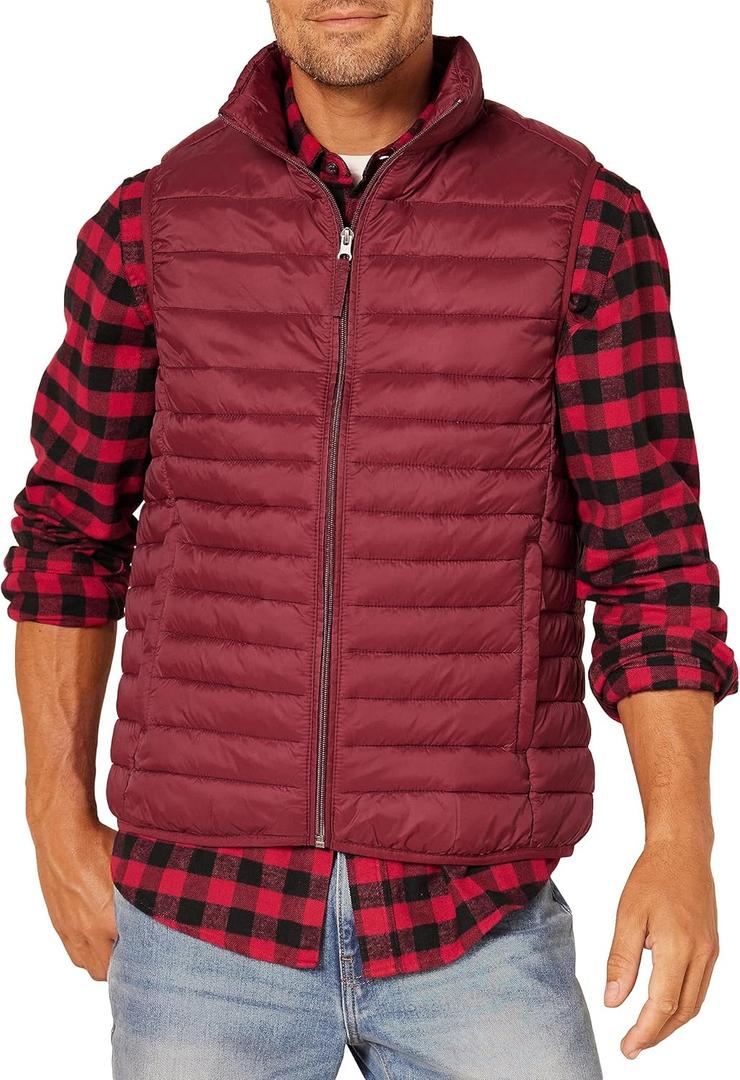 Amazon Essentials Mens Lightweight Water-Resistant Packable Puffer Vest (Medium, Dark Red)