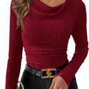 PRETTYGARDEN Women's Long Sleeve Cowl Neck Ribbed Knit Spring Shirts Slim Fit Ruched Going Out Crop Tops Basic T-Shirts (Medium, Dark Red)