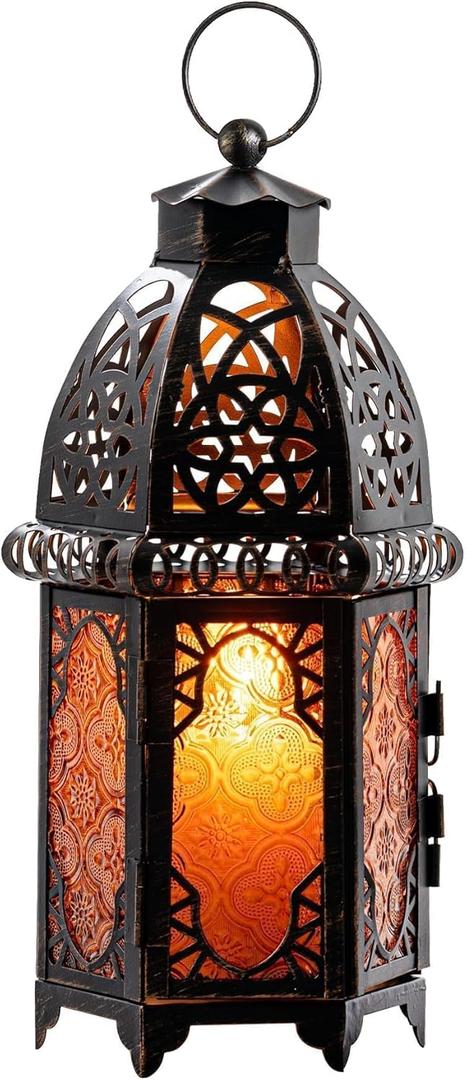 DECORKEY Vintage Large Size Decorative Moroccan Candle Lantern, 12.8 Metal Hanging&Tabletop Lantern Candle Holder Decor, Halloween Christmas Ramadan Decorations for Home Indoor Outdoor Patio (Amber)