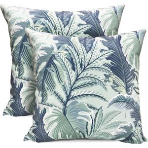 Decorative Throw Pillow Covers Set of 2 Blue Green Large Leaves Pillow Covers 18x18 inch Soft Short Plush Square Floral Throw Pillows,Farmhouse Outdoor Pillow Covers for Couch Living Room