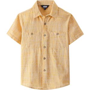 JOGAL Boys Chambray Shirts Short Sleeve Button Down Casual Cotton Woven Shirt with Two Pockets for Kids 6-14 Years