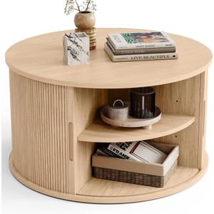 LINSY HOME Round Coffee Table, 31.5" Drum Coffee Table with Sliding Tambour Door, Fluted Accent Center Table with Storage, Mid Century Modern Coffee Table for Living Room, Oak