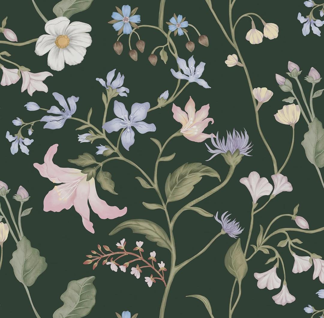 Safiyya Peel and Stick Wallpaper Floral Contact Paper Boho Wall Paper Self Adhesive Removable Wallpaper for Bedroom 197"x17.3" Covering Vinyl Rolls (Dark Green)