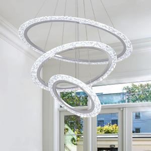 Modern LED Chandelier ." 3 Ring Crystal Chandeliers for Dining Room Ceiling Lighting Fixture Adjustable Height Round Pendant Lights Silver Ring Chandelier for Living Room Bedroom
