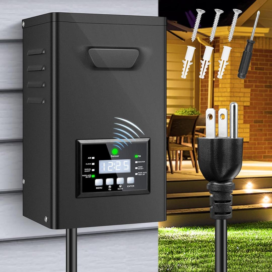 500W Low Voltage Landscape Transformer, Landscape Lighting Transformer with Timer and photocell Sensor, 120V AC to 12V/15V AC Outdoor Weatherproof Low Voltage Transformers for Landscape Lighting