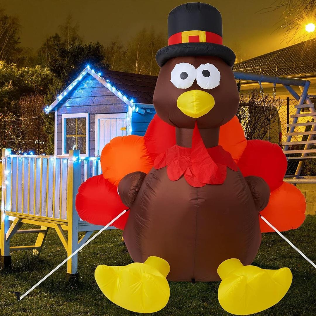 Thanksgiving 6FT Inflatable Turkey with Pilgrim Hat Yard Decoration - LED Light Up Blow Up Turkey for Outdoor Indoor Lawn Thanksgiving Yard Decorations and Autumn Holiday Family Party Display