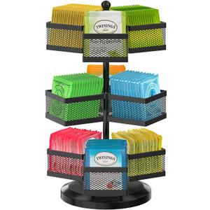 iDavosic.ly 3 Tier Tea Bag Organizer, Packet Storage Holder Spinning Carousel With 9 Compartments, Rotating Metal Caddy for Kitchen Counter Cabinet, Up to 108 Teabags Storage, Black