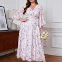 EYWOL Wedding Guest Dress Plus Size Ruffle Bell Sleeve V Neck A Line Flowy Empire Waist Maxi Dresses with Slit (Purple, L)